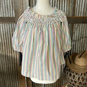🌺 Caroline Constas cotton striped ruffled neckline shirt size small